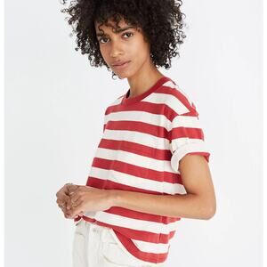 Madewell Women’s Easy Crop Tee Murph Stripe Crimson Cropped Boxy T-Shirt Small